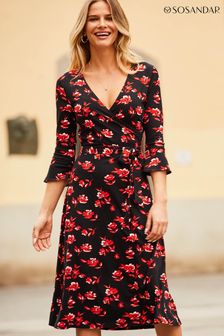 Sosandar Black Floral Print Jersey Midi Dress (N62676) | kr935