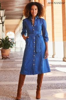 Sosandar Blue 3/4 Sleeve Fit And Flare Tie Waist Denim Dress (N62694) | €113