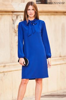 Sosandar Blue Pussybow Neck Shift Dress (N62721) | 371 QAR