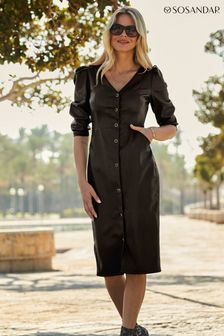 Sosandar Black Button Through Faux Leather Pencil Dress (N62766) | ₪ 422