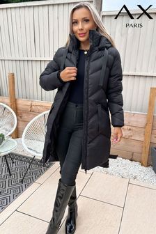 AX Paris Hooded Long Line Puffer Black Coat (N62839) | LEI 477