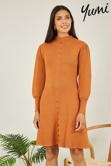 Yumi Orange Knitted Button Up Midi Dress With Balloon Sleeves (N62844) | €34