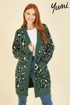 Yumi Green Long Animal Print Intarsia Knit Cardigan (N62849) | AED277