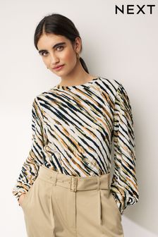 Хаки с принтом - Фактурная блузка с круглым вырезом и длинными рукавами (N62966) | €18