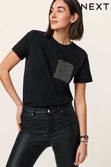 Black Short Sleeve Embellished Pocket T-Shirt (N63246) | $39