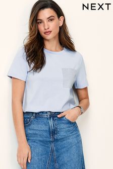 Light Blue Short Sleeve Embellished Pocket T-Shirt (N63249) | 155 zł