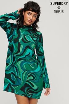 Superdry Green Long Sleeve Printed Mini Dress (N63414) | SGD 126