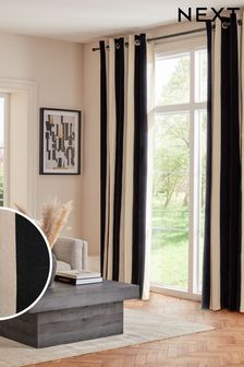 Black/White Stripe Linford Velvet Eyelet Lined Curtains