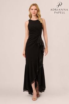 فستان طويل أسود بحمالة رقبة نسيج كريب بكشكشة من Adrianna Papell (N63731) | 1,270 د.إ