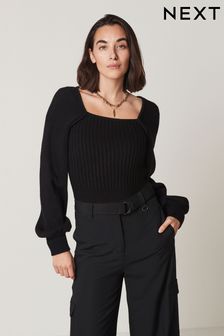 Schwarz - Pullover mit quadratischem Ausschnitt und langen Ärmeln (N63779) | 24 €