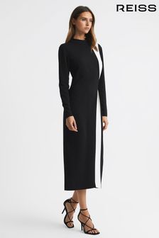 Reiss Black/White Millie Petite Contrast Stripe Belted Midi Dress (N63852) | €195