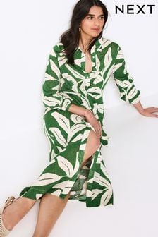 Green Leaf Print Shirt Midi Dress (N63854) | $88