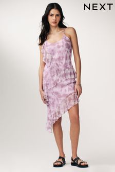 Lilac Floral Print Ruffle Asymmetric Mesh Mini Cami Dress (N63861) | OMR21