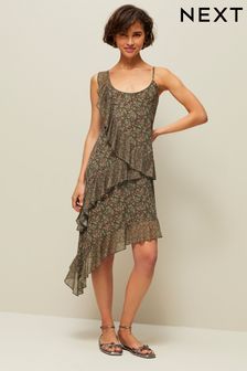 綠色軟花卉 - 褶飾不對稱網眼短款吊帶洋裝 (N63938) | NT$1,780