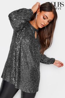 Yours Curve Silver London Sequin Keyhole Bellow Sleeve Top (N64219) | €28