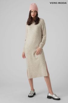 Cream Round Neck Midi Knitted Dress With Side Split (N64360) | 183 QAR