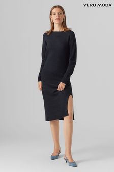 Black Round Neck Midi Knitted Dress With Side Split (N64361) | $59