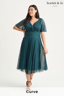 Scarlett & Jo Green Carole Wrap Bodice Sunray Pleated Skirt Midi Dress (N64370) | €114