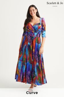Scarlett & Jo Blue & Red Multi Peacock Print Elizabeth Velvet Maxi Gown (N64387) | €179