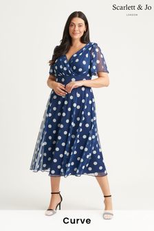 Scarlett & Jo Navy Blue Polka Dot Victoria Spot Angel Sleeve Mesh Midi Long Dress (N64390) | €108