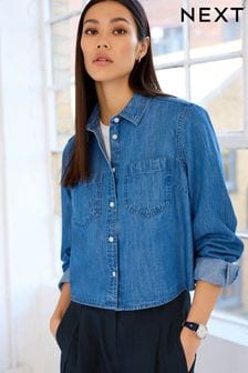 Mid Blue Denim Cropped Denim Shirt (N64410) | $54