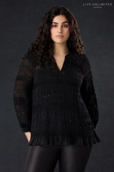 Live Unlimited Sequin Shirred Detail Black Blouse (N64493) | $153