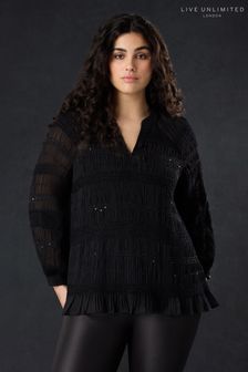 Live Unlimited Sequin Shirred Detail Black Blouse