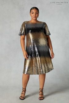 Live Unlimited Curve - Grey Sequin Flutter Sleeve Dress (N64500) | 91 €