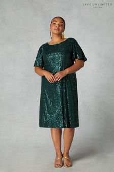 Live Unlimited Curve - Green Sequin Flutter Sleeve Dress (N64501) | 91 €