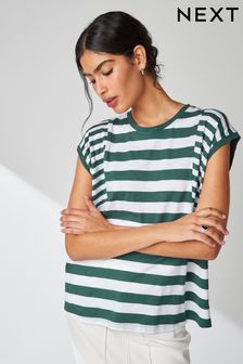 Green/White Crew Neck Linen Look Sub Jersey Cap Sleeve T-Shirt (N64545) | KRW31,100