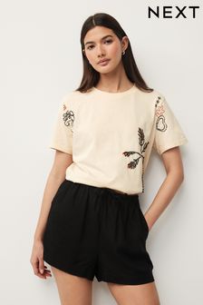 Ecru Embroidered Palm T-Shirt (N64546) | AED80