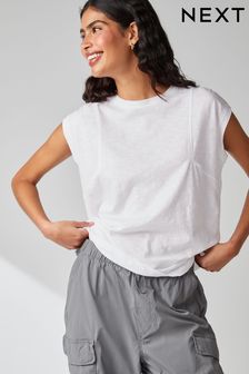 White Ground Crew Neck Linen Look Sub Jersey Cap Sleeve T-Shirt (N64641) | AED48