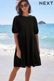 Black Puff Sleeve Mini Jersey Dress (N64671) | AED100