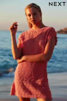 Coral Pink Crochet Mini Dress (N64673) | $45