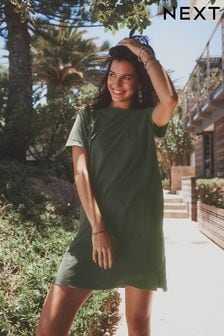 Khaki Green Crew Neck Short Sleeve T-Shirt Dress (N64676) | $18