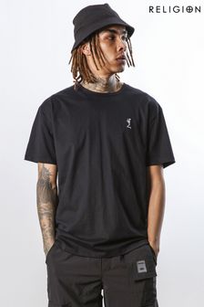 Religion Black Relaxed Fit Crew Neck T-Shirt With Shoulder Graphic (N64936) | $83