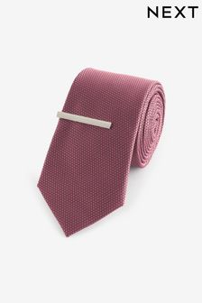 Raspberry Red - Regular - Textured Tie And Clip Set (N65027) | kr230