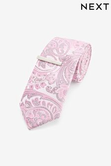 Pink Paisley Slim Pattern Tie And Tie Clip (N65044) | €19