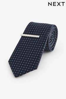 Navy Blue Pattern Tie And Tie Clip (N65054) | 69 QAR