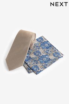 Neutral Brown/Navy Blue Floral Silk Tie And Pocket Square Set (N65068) | 129 QAR