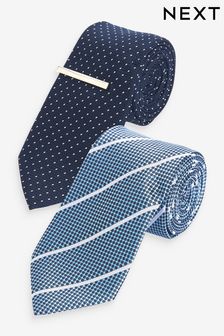 Navy Blue Spot/Blue Stripe Textured Tie With Tie Clips 2 Pack (N65075) | €17