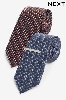 Navy Blue/Rust Brown Textured Tie With Tie Clip 2 Pack (N65079) | ₪ 69