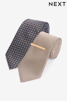 Neutral Brown/Navy Blue Geometric Textured Tie With Tie Clip 2 Pack (N65080) | ₪ 69