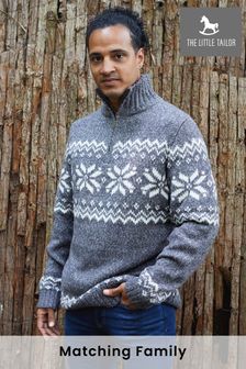 The Little Tailor Mens Grey Cosy Zip Neck Fairisle Knitted Christmas Jumper