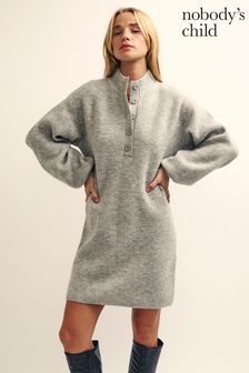 Nobodys Child Grey Fluffy Button Mini Dress (N65217) | €95