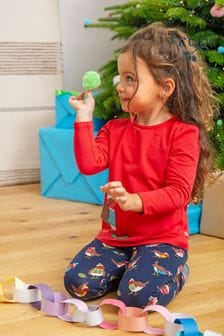 Frugi Red Ornganic Cotton Christmas Robin Applique Top And Navy Robin Leggings Outfit Set (N65303) | €21.50
