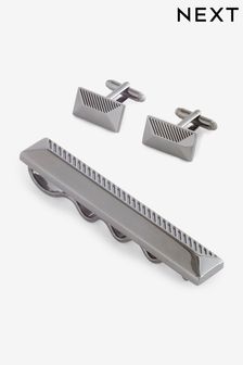 Stahlgrau/Pyramidendesign - Strukturierte Manschettenknöpfe und Krawattenklammer im Set (N65355) | 25 €