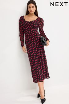 Black Floral Square Neck Long Sleeve Midi Dress (N65516) | AED96