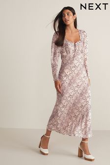 Pink Snake Print Square Neck Long Sleeve Midi Dress (N65517) | 89 €