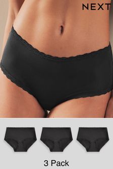 Black Midi Microfibre and Lace Trim Knickers 3 Pack (N65882) | €13